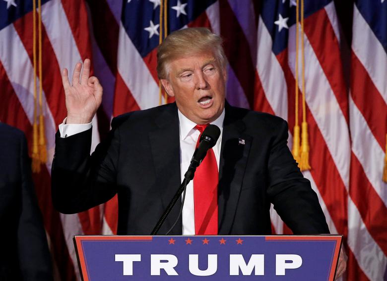 U.S. President-elect Donald Trump speaks at election night rally in Manhattan