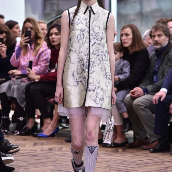 Resort 2018 Prada by Miuccia Runway Look 23 Printed Pale Pink Mini Dress w Feather Cuffs main image 0
