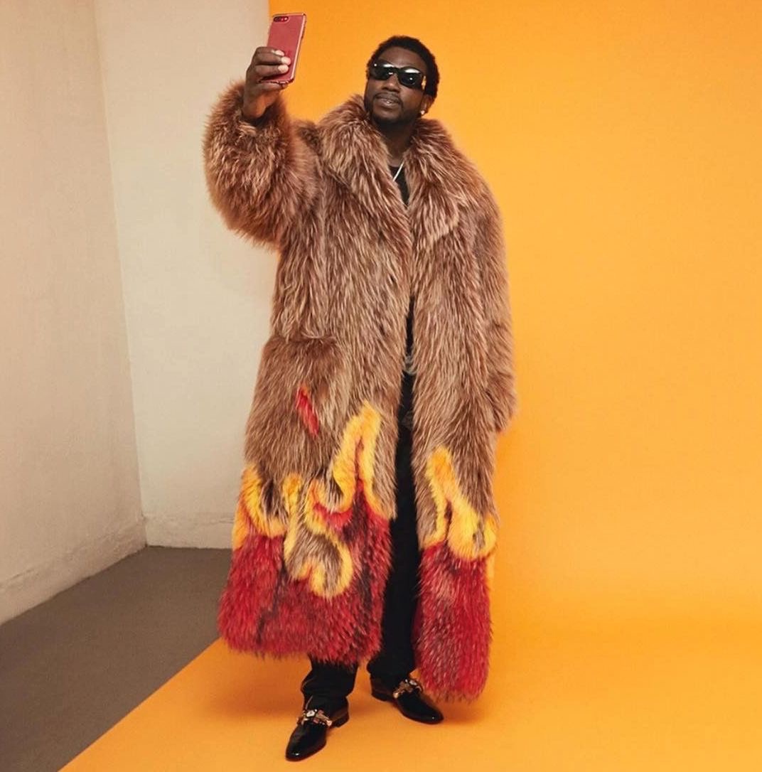 Gucci Mane in Junjie SS18 Flame Fur Coat