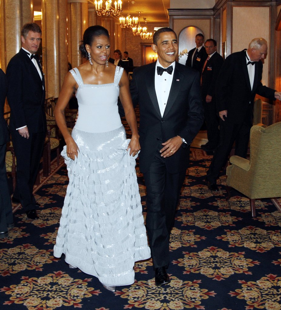 Michelle Obama, Azzedine Alaia gown, Oslo Nobel Peace prize banquet, December, 2009. Picture: Getty/LISE ASERUD