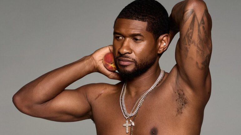 shirtless usher holding a peach