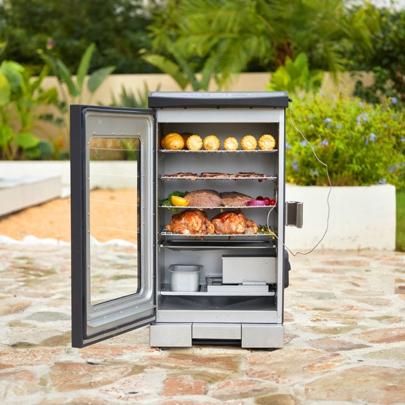Smoker with glass door smoking various meats